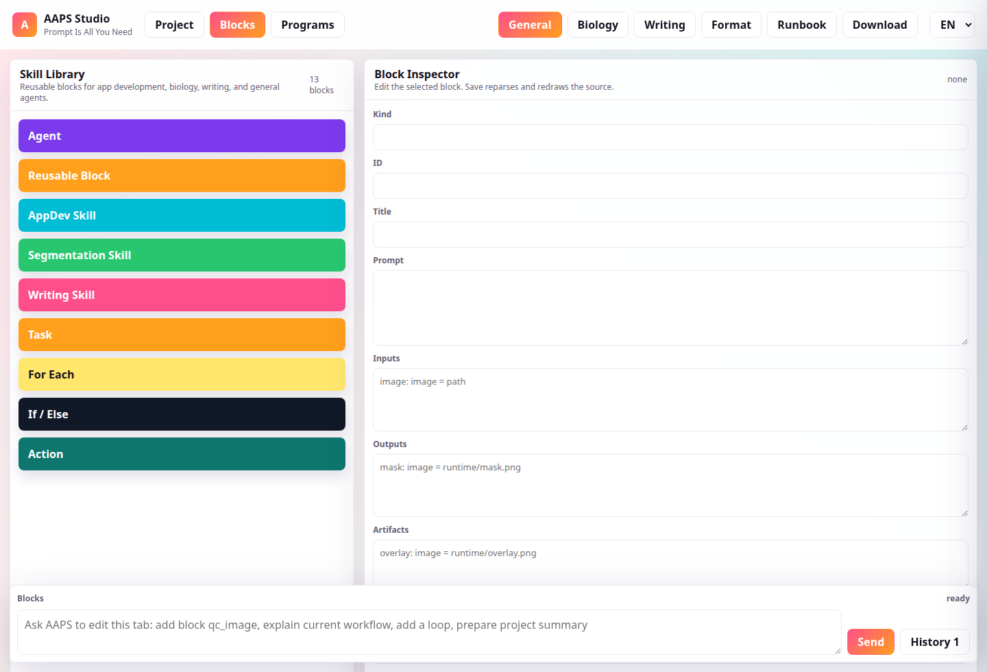 AAPS Studio Blocks tab with reusable skill library and block inspector