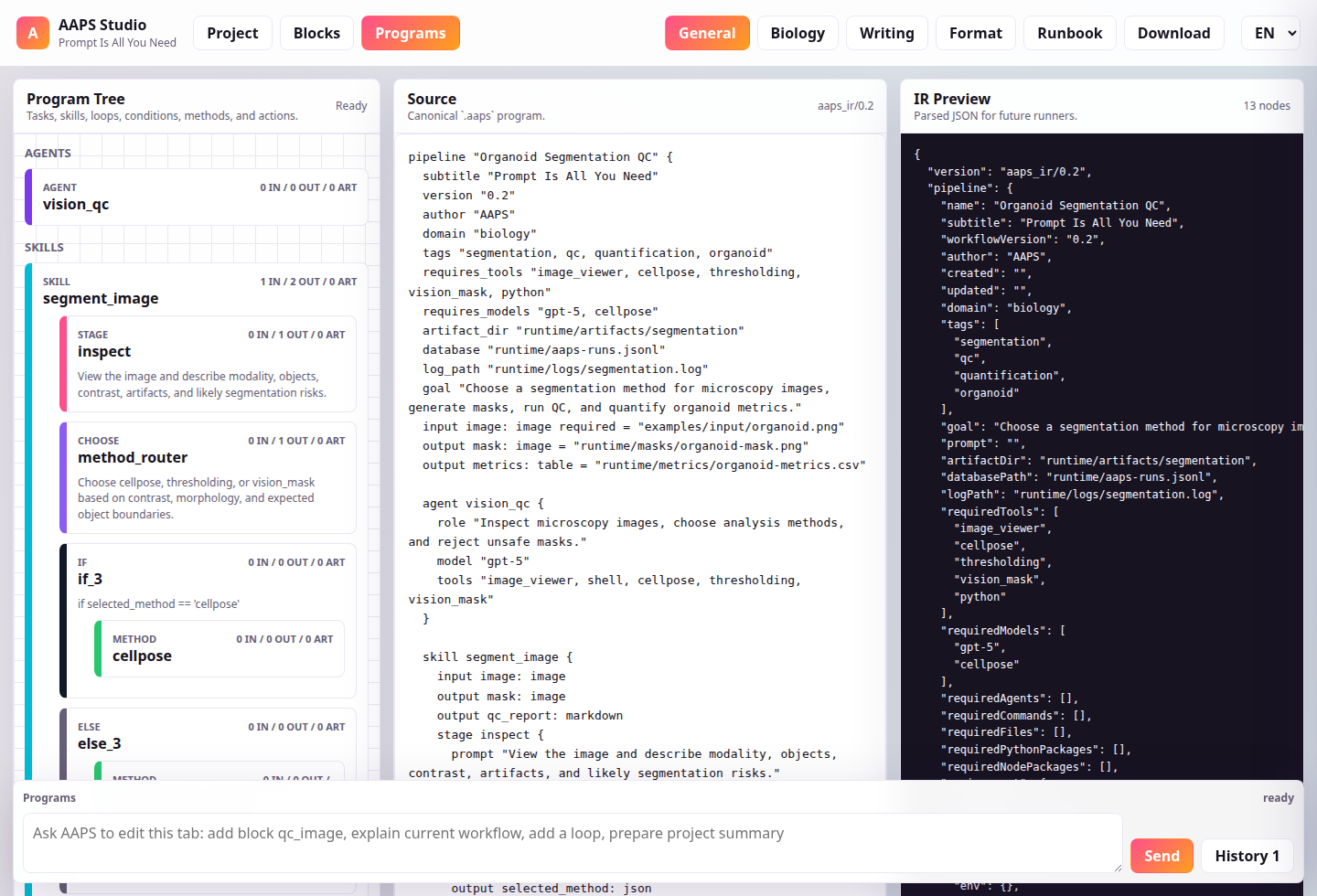 AAPS Studio Programs tab with visual program tree, source editor, and JSON IR preview