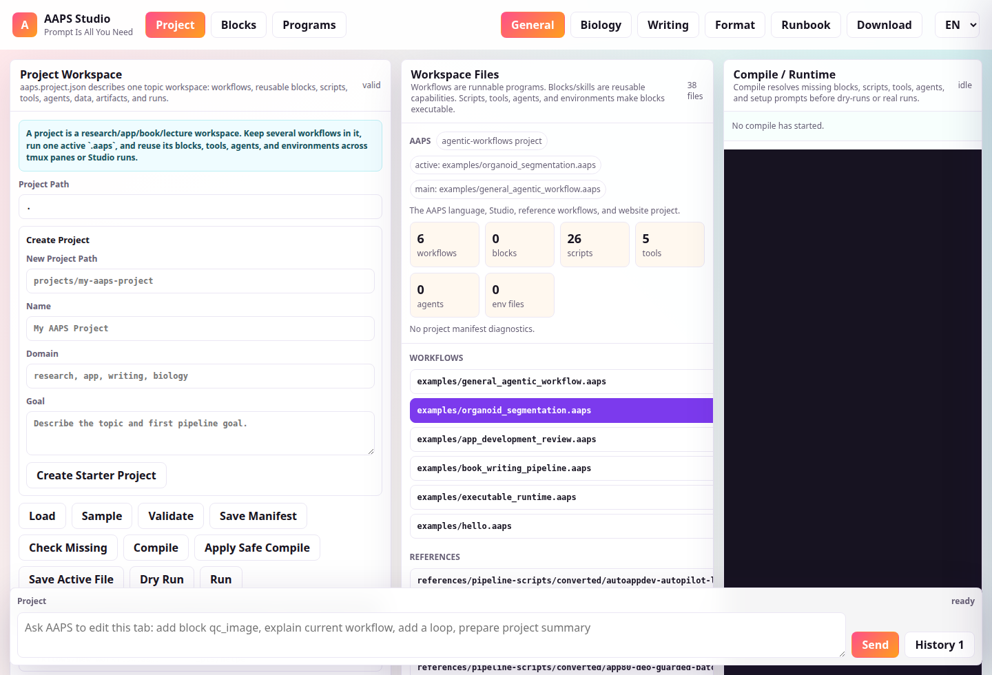 AAPS Studio Project tab with project creation, workspace files, compile runtime panel, and bottom chat dock